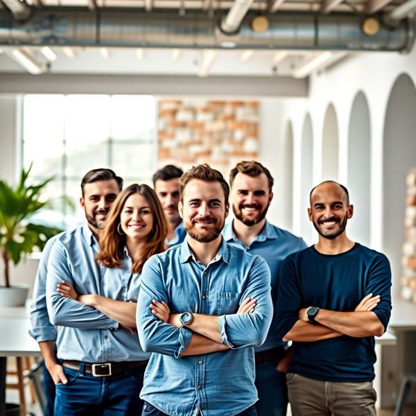 Portret tima od šest inženjera u modernom uredu s terakota i kamenim akcentima
